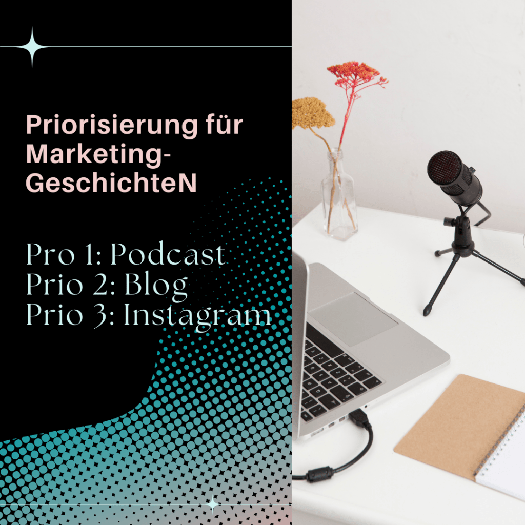 Ein Laptop, ein Podcast-Mikro und ein Notizbuch auf einem Tisch 